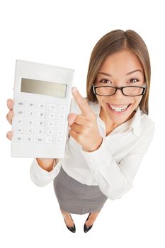 Accountant funny. Fun high angle perspective of an attractive gleeful woman or accountant in glasses pointing to a calculator that she is holding up with a blank digital readout isolated on white