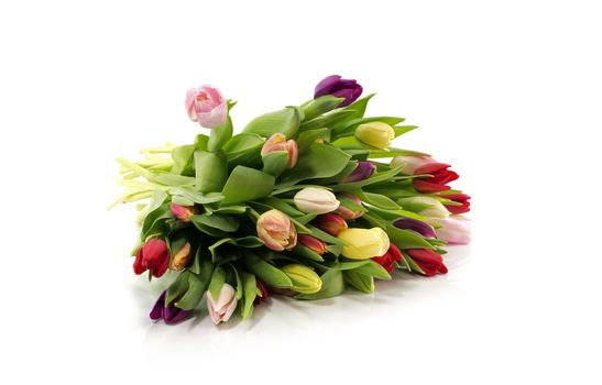 bouquet of tulips in rd yellow white pink and orange