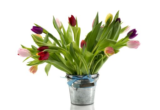 bouquet of tulips in metal bucket 