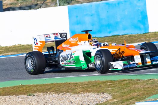 JEREZ DE LA FRONTERA, SPAIN - FEB 10: Nico Hülkenberg of Force India F1 races on training session on February 10 , 2012, in Jerez de la Frontera , Spain