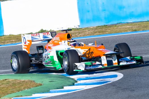 JEREZ DE LA FRONTERA, SPAIN - FEB 10: Nico Hülkenberg of Force India F1 races on training session on February 10 , 2012, in Jerez de la Frontera , Spain
