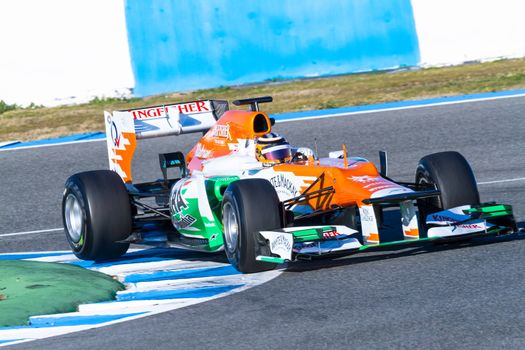 JEREZ DE LA FRONTERA, SPAIN - FEB 10: Nico Hülkenberg of Force India F1 races on training session on February 10 , 2012, in Jerez de la Frontera , Spain
