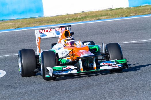 JEREZ DE LA FRONTERA, SPAIN - FEB 10: Nico Hülkenberg of Force India F1 races on training session on February 10 , 2012, in Jerez de la Frontera , Spain