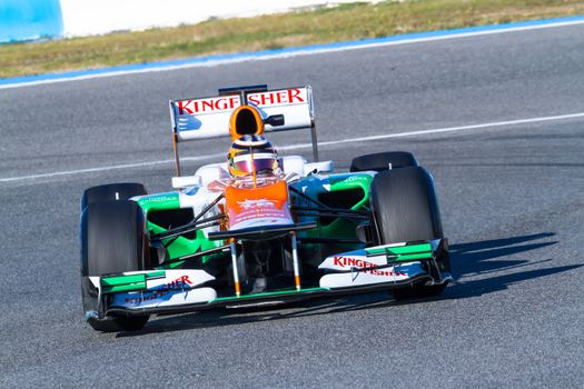 JEREZ DE LA FRONTERA, SPAIN - FEB 10: Nico Hülkenberg of Force India F1 races on training session on February 10 , 2012, in Jerez de la Frontera , Spain
