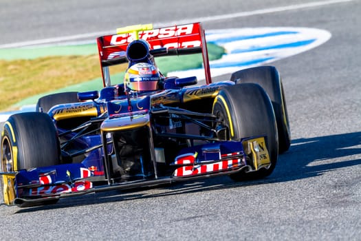JEREZ DE LA FRONTERA, SPAIN - FEB 10: Jean Eric Vergne of Toro Rosso F1 races on training session on February 10 , 2012, in Jerez de la Frontera , Spain