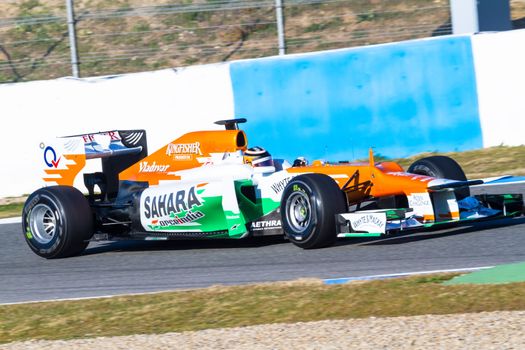 JEREZ DE LA FRONTERA, SPAIN - FEB 10: Nico Hülkenberg of Force India F1 races on training session on February 10 , 2012, in Jerez de la Frontera , Spain