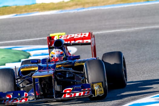 JEREZ DE LA FRONTERA, SPAIN - FEB 10: Jean Eric Vergne of Toro Rosso F1 races on training session on February 10 , 2012, in Jerez de la Frontera , Spain