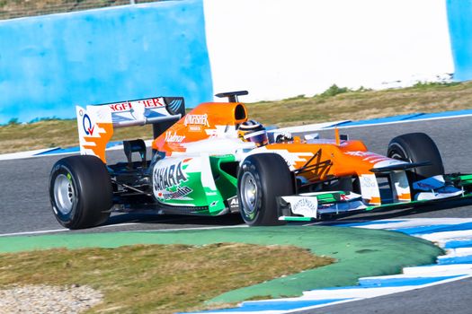 JEREZ DE LA FRONTERA, SPAIN - FEB 10: Nico Hülkenberg of Force India F1 races on training session on February 10 , 2012, in Jerez de la Frontera , Spain