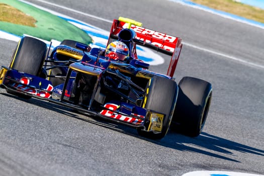 JEREZ DE LA FRONTERA, SPAIN - FEB 10: Jean Eric Vergne of Toro Rosso F1 races on training session on February 10 , 2012, in Jerez de la Frontera , Spain