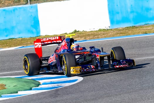 JEREZ DE LA FRONTERA, SPAIN - FEB 10: Jean Eric Vergne of Toro Rosso F1 races on training session on February 10 , 2012, in Jerez de la Frontera , Spain