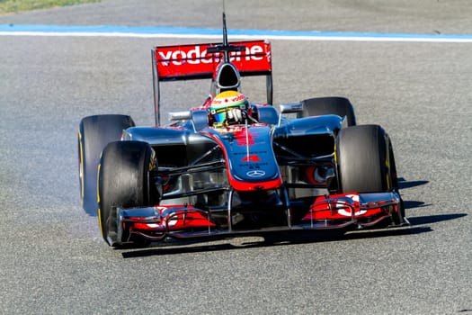JEREZ DE LA FRONTERA, SPAIN - FEB 10: Lewis Hamilton of McLaren F1 races on training session on February 10 , 2012, in Jerez de la Frontera , Spain