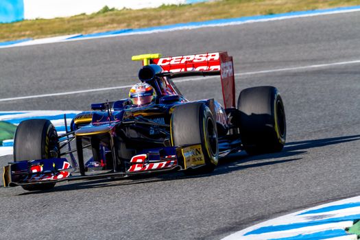 JEREZ DE LA FRONTERA, SPAIN - FEB 10: Jean Eric Vergne of Toro Rosso F1 races on training session on February 10 , 2012, in Jerez de la Frontera , Spain