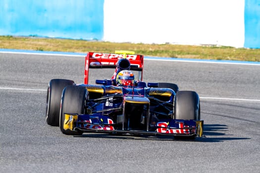 JEREZ DE LA FRONTERA, SPAIN - FEB 10: Jean Eric Vergne of Toro Rosso F1 races on training session on February 10 , 2012, in Jerez de la Frontera , Spain