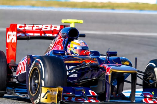 JEREZ DE LA FRONTERA, SPAIN - FEB 10: Jean Eric Vergne of Toro Rosso F1 races on training session on February 10 , 2012, in Jerez de la Frontera , Spain