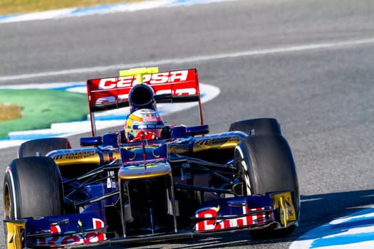 JEREZ DE LA FRONTERA, SPAIN - FEB 10: Jean Eric Vergne of Toro Rosso F1 races on training session on February 10 , 2012, in Jerez de la Frontera , Spain
