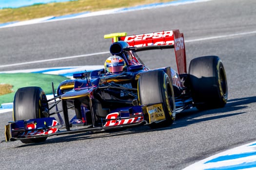 JEREZ DE LA FRONTERA, SPAIN - FEB 10: Jean Eric Vergne of Toro Rosso F1 races on training session on February 10 , 2012, in Jerez de la Frontera , Spain