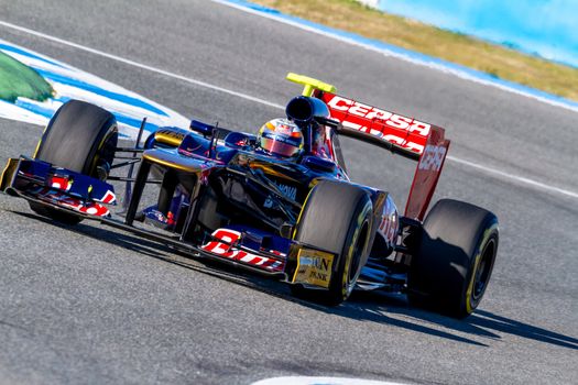 JEREZ DE LA FRONTERA, SPAIN - FEB 10: Jean Eric Vergne of Toro Rosso F1 races on training session on February 10 , 2012, in Jerez de la Frontera , Spain