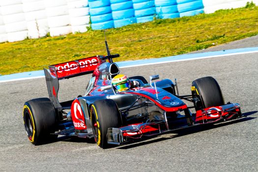 JEREZ DE LA FRONTERA, SPAIN - FEB 10: Lewis Hamilton of McLaren F1 races on training session on February 10 , 2012, in Jerez de la Frontera , Spain