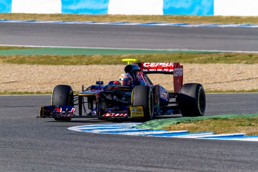 JEREZ DE LA FRONTERA, SPAIN - FEB 10: Jean Eric Vergne of Toro Rosso F1 races on training session on February 10 , 2012, in Jerez de la Frontera , Spain