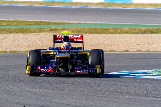 JEREZ DE LA FRONTERA, SPAIN - FEB 10: Jean Eric Vergne of Toro Rosso F1 races on training session on February 10 , 2012, in Jerez de la Frontera , Spain