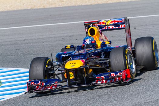 JEREZ DE LA FRONTERA, SPAIN - FEB 10: Sebastian Vettel of Red Bull F1 races on training session on February 10 , 2012, in Jerez de la Frontera , Spain
