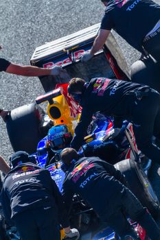JEREZ DE LA FRONTERA, SPAIN - FEB 10: Sebastian Vettel of Red Bull F1 entering to the pit on training session on February 10 , 2012, in Jerez de la Frontera , Spain