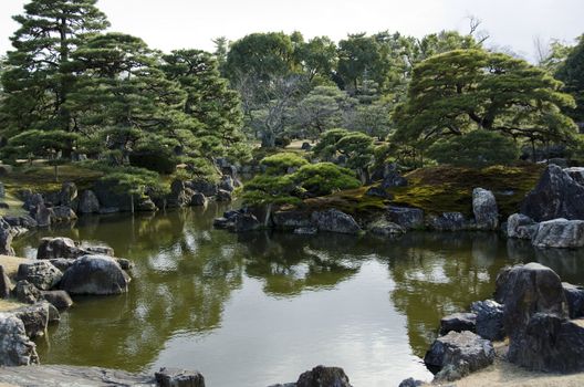 Japanese garden with lake,  islands, water and trees