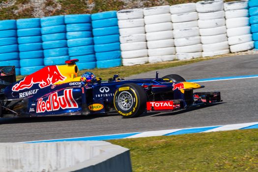 JEREZ DE LA FRONTERA, SPAIN - FEB 10: Sebastian Vettel of Red Bull F1 races on training session on February 10 , 2012, in Jerez de la Frontera , Spain
