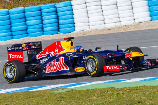 JEREZ DE LA FRONTERA, SPAIN - FEB 10: Sebastian Vettel of Red Bull F1 races on training session on February 10 , 2012, in Jerez de la Frontera , Spain