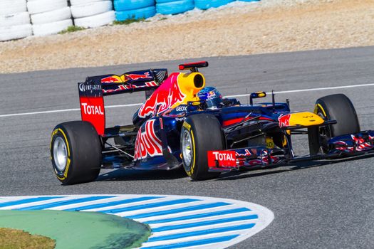 JEREZ DE LA FRONTERA, SPAIN - FEB 10: Sebastian Vettel of Red Bull F1 races on training session on February 10 , 2012, in Jerez de la Frontera , Spain