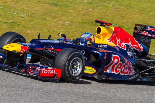 JEREZ DE LA FRONTERA, SPAIN - FEB 10: Sebastian Vettel of Red Bull F1 races on training session on February 10 , 2012, in Jerez de la Frontera , Spain