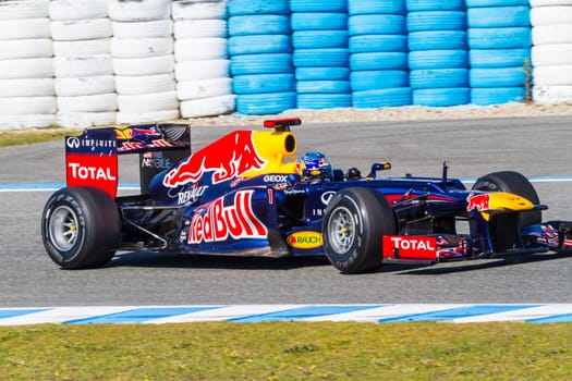 JEREZ DE LA FRONTERA, SPAIN - FEB 10: Sebastian Vettel of Red Bull F1 races on training session on February 10 , 2012, in Jerez de la Frontera , Spain