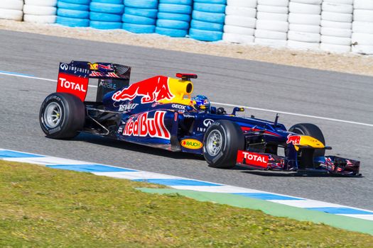 JEREZ DE LA FRONTERA, SPAIN - FEB 10: Sebastian Vettel of Red Bull F1 races on training session on February 10 , 2012, in Jerez de la Frontera , Spain