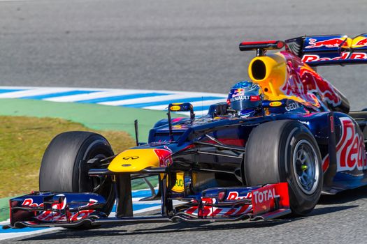 JEREZ DE LA FRONTERA, SPAIN - FEB 10: Sebastian Vettel of Red Bull F1 races on training session on February 10 , 2012, in Jerez de la Frontera , Spain