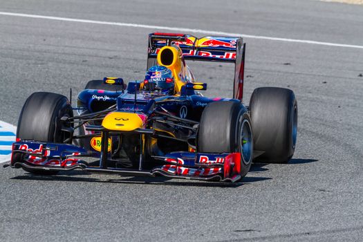 JEREZ DE LA FRONTERA, SPAIN - FEB 10: Sebastian Vettel of Red Bull F1 races on training session on February 10 , 2012, in Jerez de la Frontera , Spain