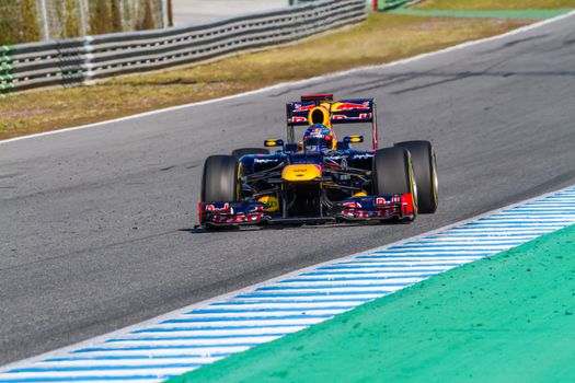 JEREZ DE LA FRONTERA, SPAIN - FEB 10: Sebastian Vettel of Red Bull F1 races on training session on February 10 , 2012, in Jerez de la Frontera , Spain