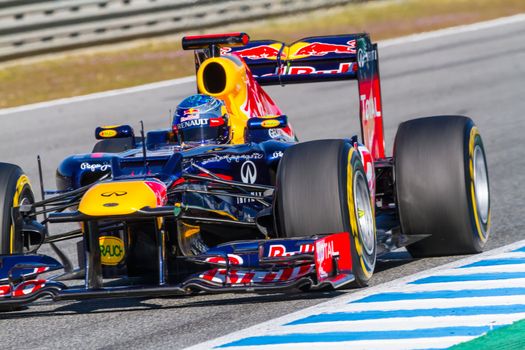 JEREZ DE LA FRONTERA, SPAIN - FEB 10: Sebastian Vettel of Red Bull F1 races on training session on February 10 , 2012, in Jerez de la Frontera , Spain