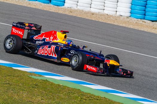 JEREZ DE LA FRONTERA, SPAIN - FEB 10: Sebastian Vettel of Red Bull F1 races on training session on February 10 , 2012, in Jerez de la Frontera , Spain
