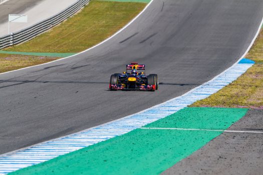 JEREZ DE LA FRONTERA, SPAIN - FEB 10: Sebastian Vettel of Red Bull F1 races on training session on February 10 , 2012, in Jerez de la Frontera , Spain
