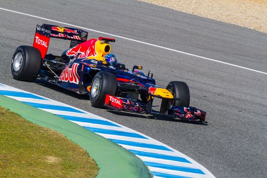 JEREZ DE LA FRONTERA, SPAIN - FEB 10: Sebastian Vettel of Red Bull F1 races on training session on February 10 , 2012, in Jerez de la Frontera , Spain