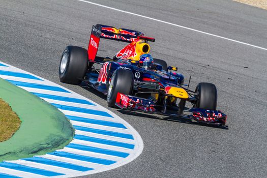 JEREZ DE LA FRONTERA, SPAIN - FEB 10: Sebastian Vettel of Red Bull F1 races on training session on February 10 , 2012, in Jerez de la Frontera , Spain