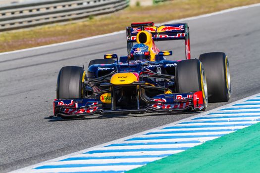 JEREZ DE LA FRONTERA, SPAIN - FEB 10: Sebastian Vettel of Red Bull F1 races on training session on February 10 , 2012, in Jerez de la Frontera , Spain
