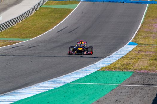 JEREZ DE LA FRONTERA, SPAIN - FEB 10: Sebastian Vettel of Red Bull F1 races on training session on February 10 , 2012, in Jerez de la Frontera , Spain