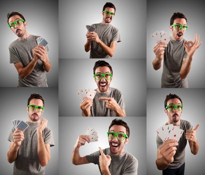 man playing poker with different expression set on grey background