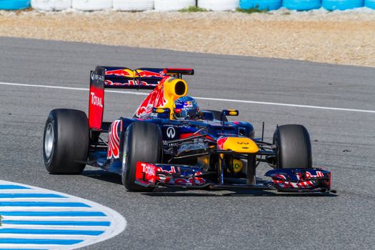 JEREZ DE LA FRONTERA, SPAIN - FEB 10: Sebastian Vettel of Red Bull F1 races on training session on February 10 , 2012, in Jerez de la Frontera , Spain