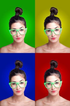 beautiful girl with green hipster eyeglasses set on colorful backgrounds