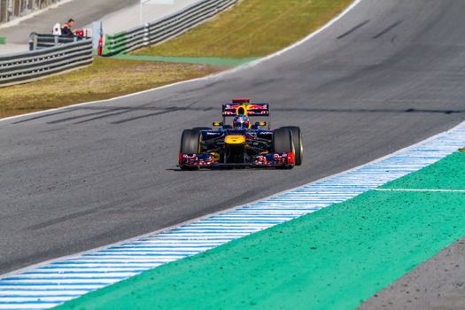 JEREZ DE LA FRONTERA, SPAIN - FEB 10: Sebastian Vettel of Red Bull F1 races on training session on February 10 , 2012, in Jerez de la Frontera , Spain