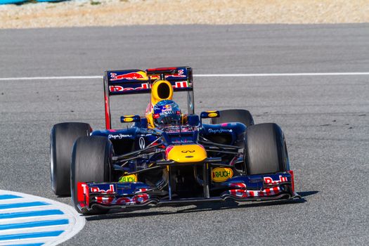 JEREZ DE LA FRONTERA, SPAIN - FEB 10: Sebastian Vettel of Red Bull F1 races on training session on February 10 , 2012, in Jerez de la Frontera , Spain