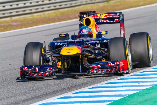 JEREZ DE LA FRONTERA, SPAIN - FEB 10: Sebastian Vettel of Red Bull F1 races on training session on February 10 , 2012, in Jerez de la Frontera , Spain