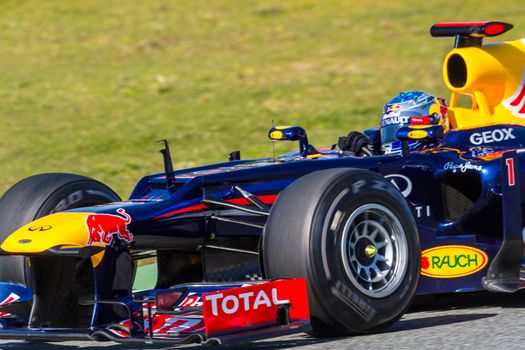 JEREZ DE LA FRONTERA, SPAIN - FEB 10: Sebastian Vettel of Red Bull F1 races on training session on February 10 , 2012, in Jerez de la Frontera , Spain